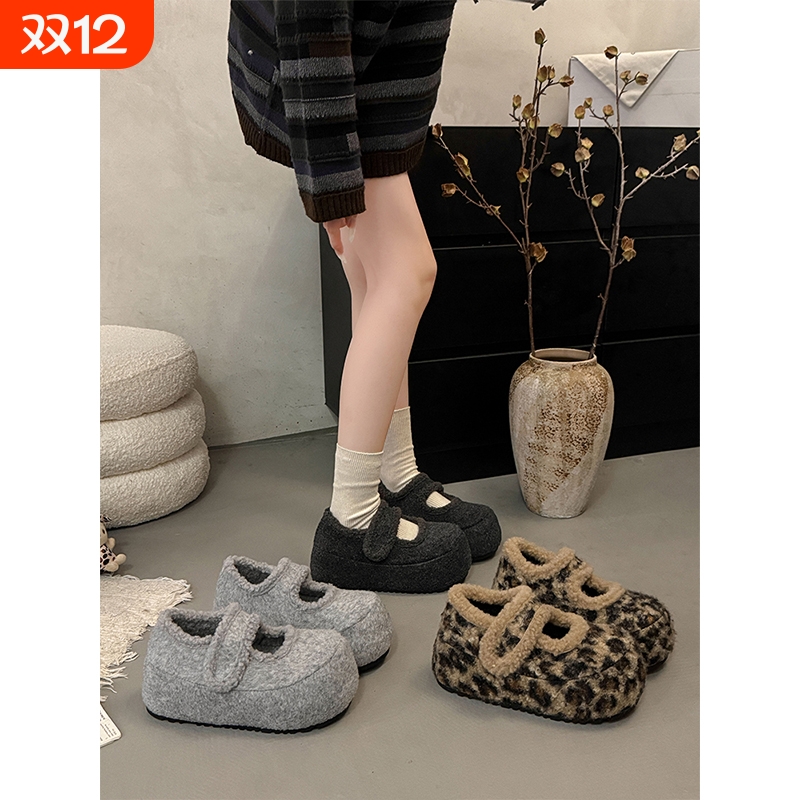 爆款豹纹厚底增高加绒毛毛鞋女外穿2025新款冬季保暖防滑勃肯棉鞋