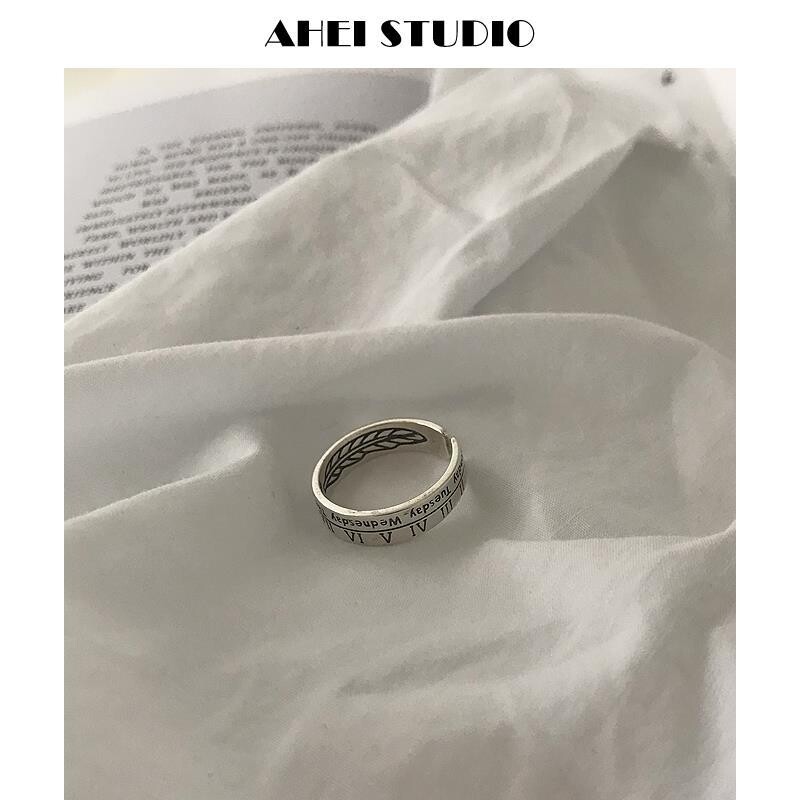 银色罗马文字母戒指套装麻花开口内刻纹路指环可调节女交织戒指