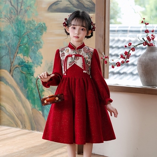 女童连衣裙旗袍2026新款秋冬加绒儿童新中式国风唐装女孩红色裙子