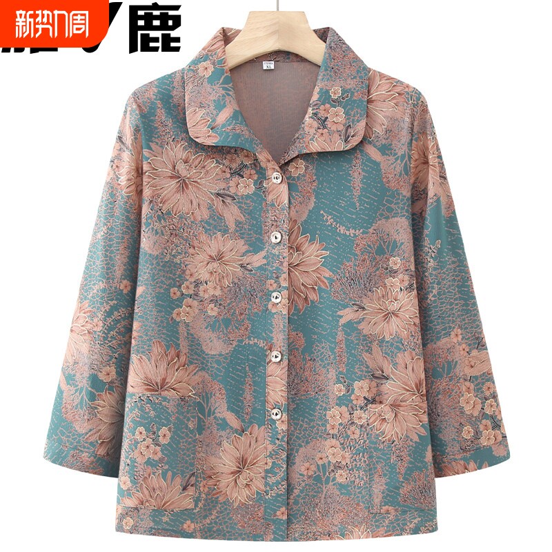 雅鹿中老年人夏装女妈妈中袖上衣开衫奶奶装宽松薄春季衬衫薄款