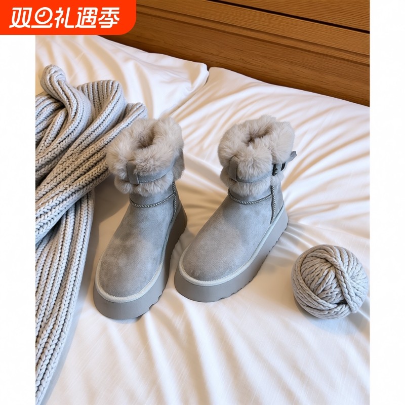 5CM增高厚底雪地靴女复古皮毛一体短靴冬季加绒保暖东北毛毛棉鞋