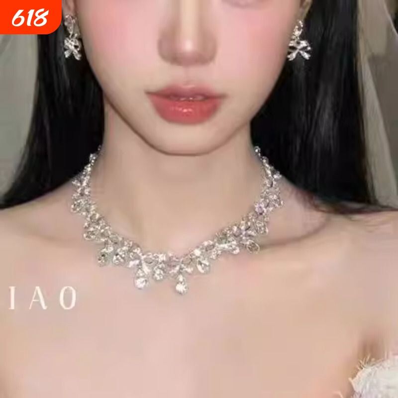 法式复古新娘水滴流苏项链耳环套装高级感结婚婚纱配饰品耳钉锁骨