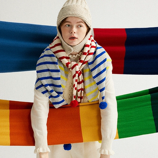 日系手工球球毛线针织条纹三角围巾新款 保暖条纹围脖外搭披肩女