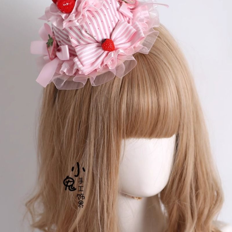 原创条纹草莓发带Lolita蛋糕小礼帽洛丽塔风格手作草莓甜心塔手袖