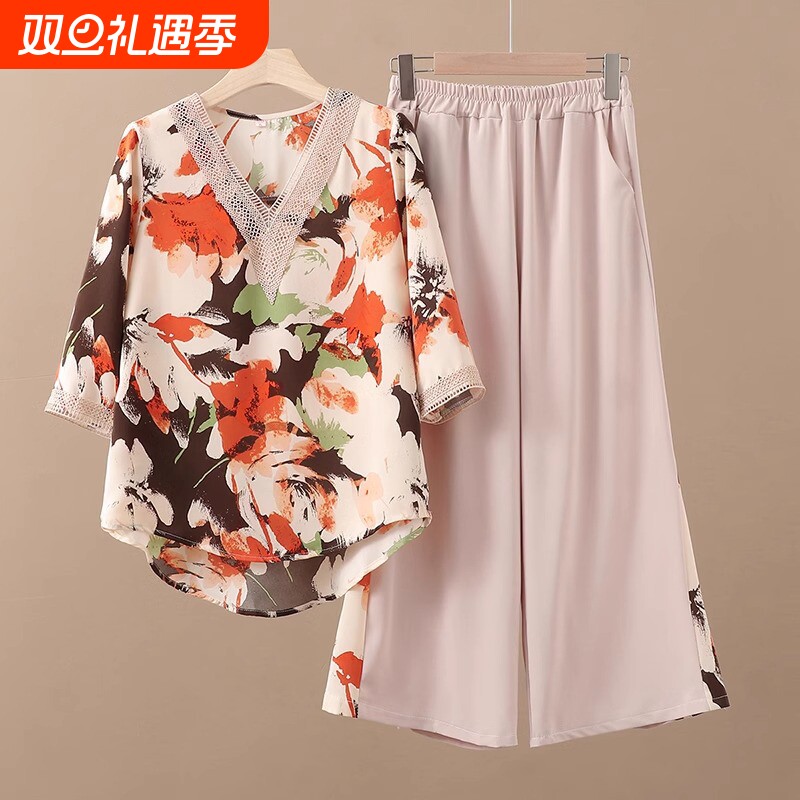 妈妈夏季新款两件套装女大码洋气雪纺小衫中老年人夏装T恤上衣服