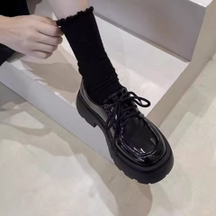 新款英伦风小皮鞋女2024春秋厚底百搭系带乐福鞋黑色jk单鞋亮面