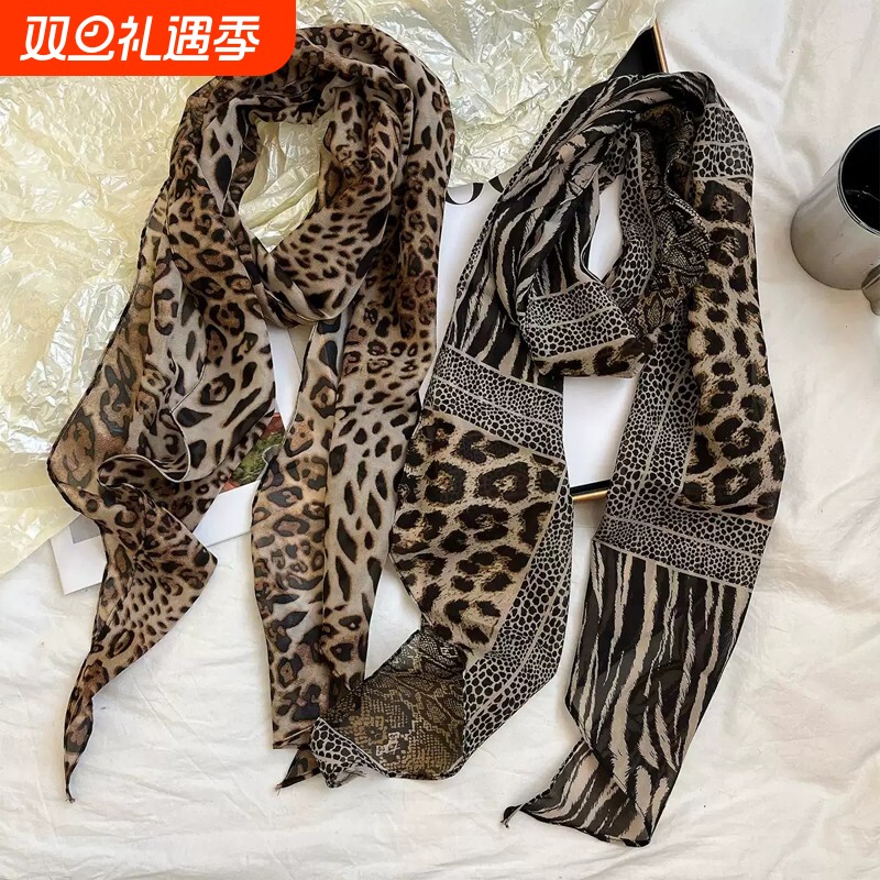 美式复古辣妹豹纹丝巾女春秋薄款百搭小众设计千禧风长条领巾围巾