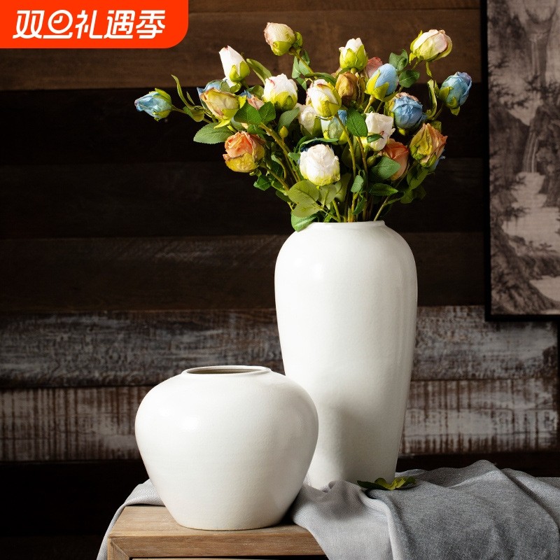 景德镇纯白色北欧复古现代创意家居装饰陶瓷摆件插干花石榴花瓶