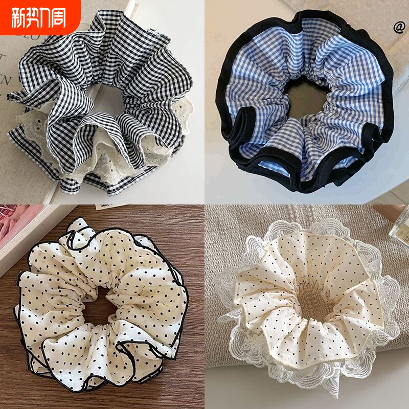 大肠发圈复古蕾丝法式四层发绳发饰马尾高级头绳学生格子波点双层