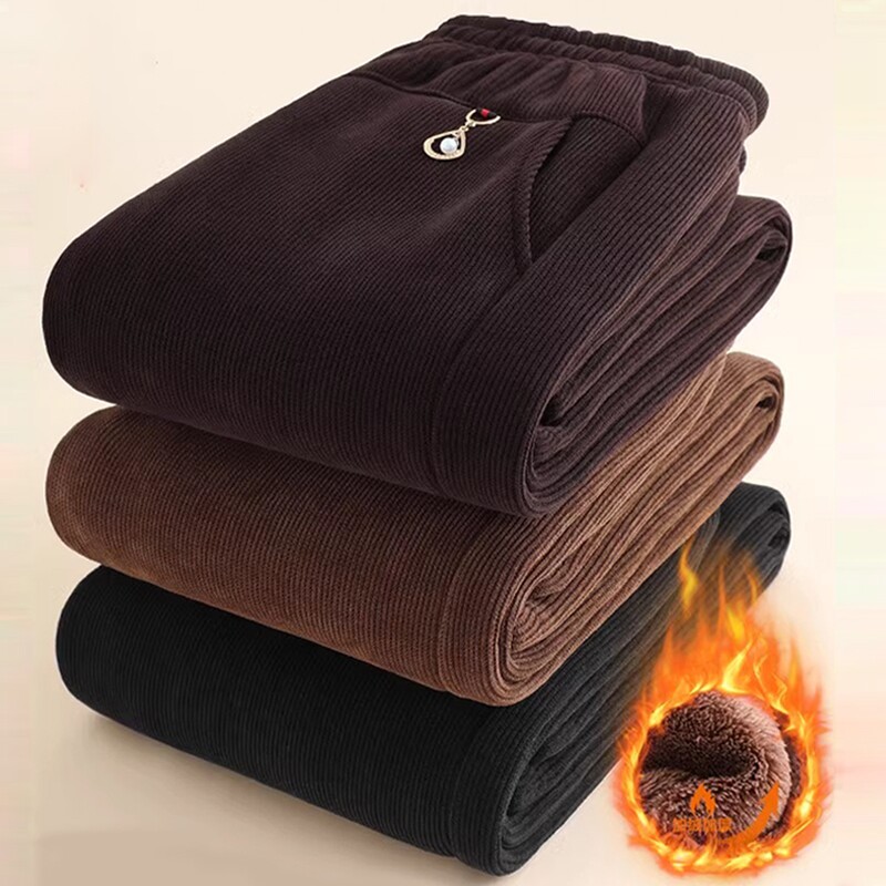 灯芯绒妈妈裤子秋冬季加绒加厚中老年冬装条绒休闲裤奶奶保暖棉裤