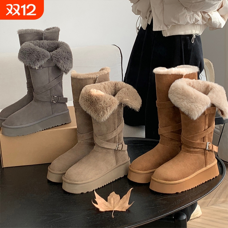 厚底加绒保暖高筒长筒鞋加厚雪地靴女2025新款冬季东北大棉鞋灰色