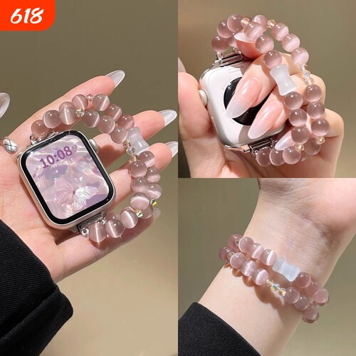 适用小米手环9Pro表带10Pro串珠丁香紫水晶女款8Pro腕带智能手表红米watch5/4高级感女生夏天硅胶黑色猫眼石