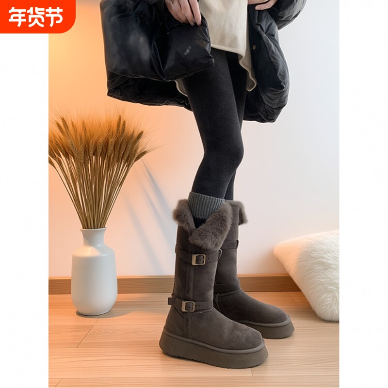 灰色雪地靴葡萄妈studiolee厚底毛毛加绒加厚保暖中长筒女冬