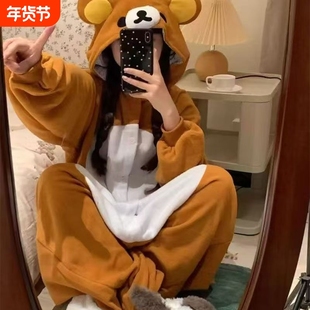 卡通轻松熊珊瑚绒连体睡衣女冬季加绒毛绒睡袍连体衣可外穿萌系