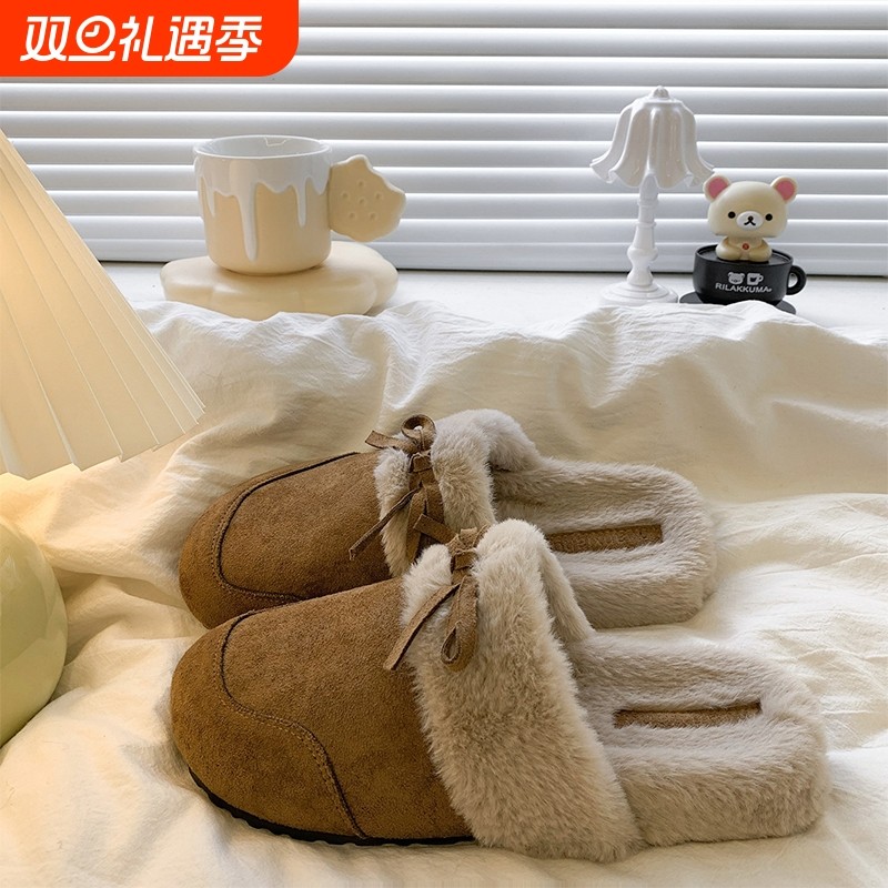 复古勃肯拖鞋女秋冬外穿2025新款加绒保暖蝴蝶结包头半拖毛毛鞋棉