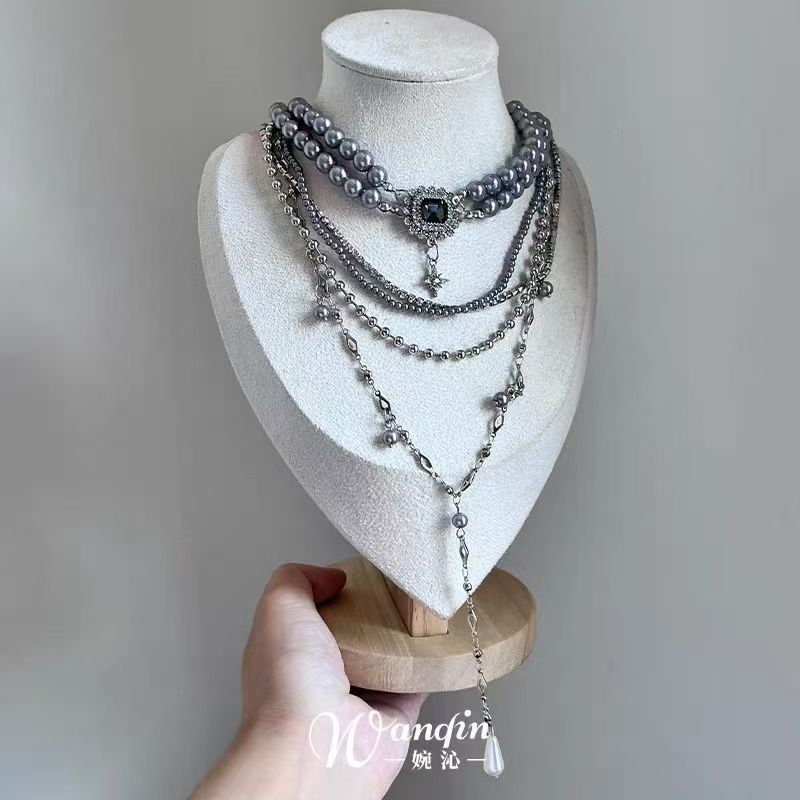 「雾中缪斯」复古灰色珍珠流苏项链法式重工高级感多层叠戴锁骨链