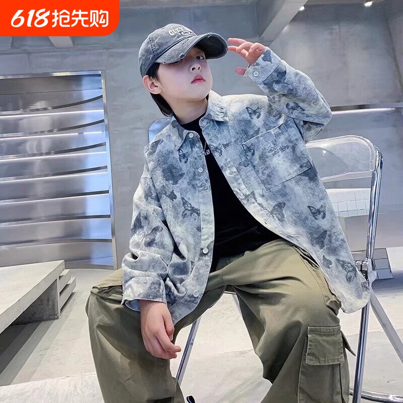 男童衬衫外套春秋款2026新款潮牌扎染衬衣中大童韩版痞帅炸街上衣