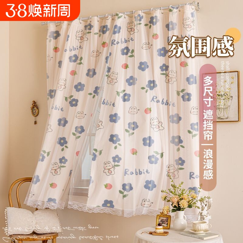 免打孔安装窗帘现代简约隔断帘卧室门帘蕾丝纱帘透光不透人护遮光