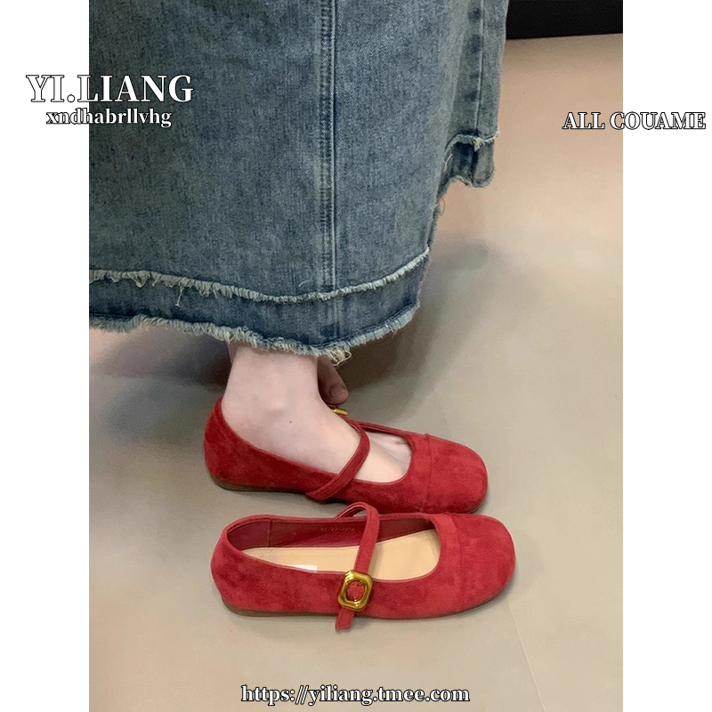 法式单鞋女2025春秋新款红色复古温柔仙女绒面玛丽珍鞋平底豆豆鞋