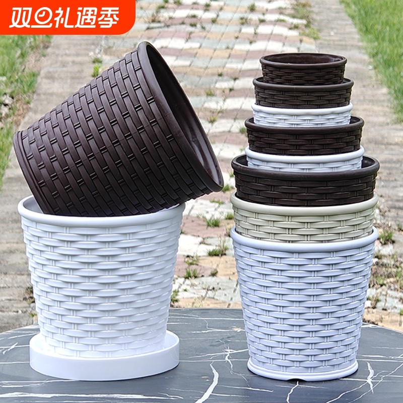 花盆加厚藤编简约透气圆形多肉创意桌面绿萝盆栽树脂盆特大号阳台