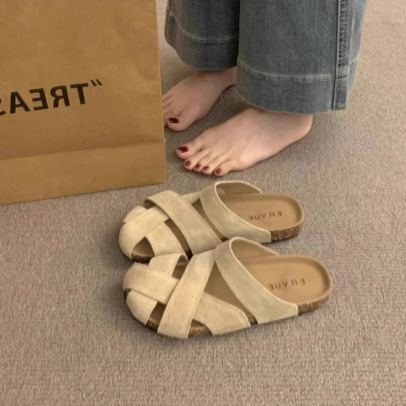 真皮版！镂空厚底包头勃肯鞋软木半拖鞋女夏季外穿沙滩罗马凉拖鞋