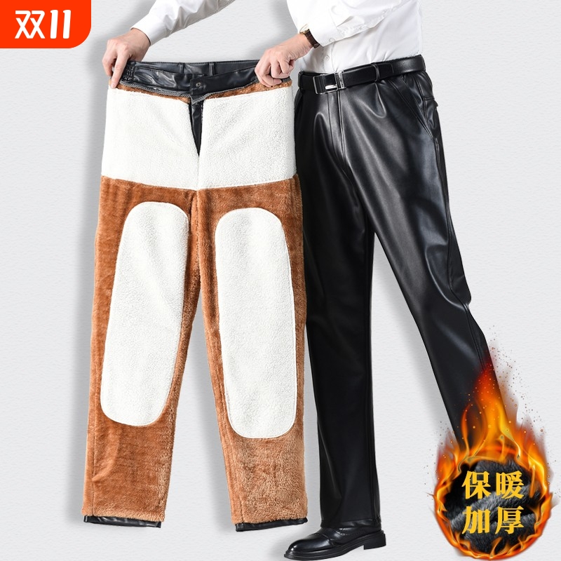 冬季皮裤男士骑手加厚防风代驾外卖摩托骑行中老年爸爸保暖裤宽松