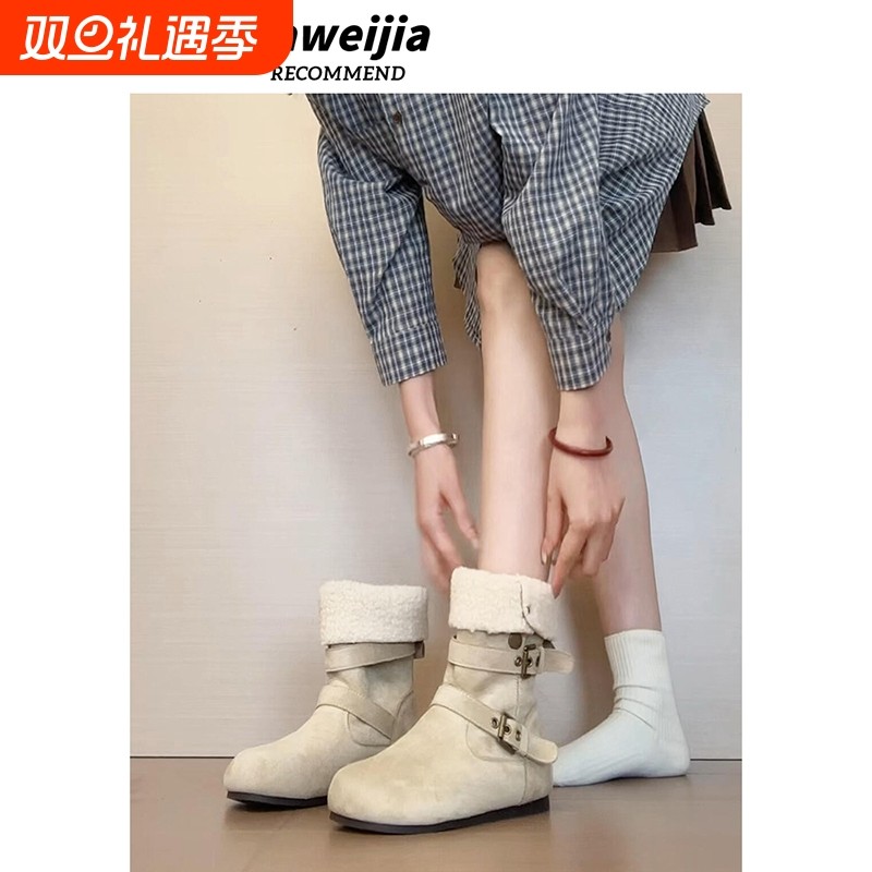 5CM内增高勃肯短靴雪地靴女冬季加绒加厚保暖棉鞋子白色毛绒磨砂