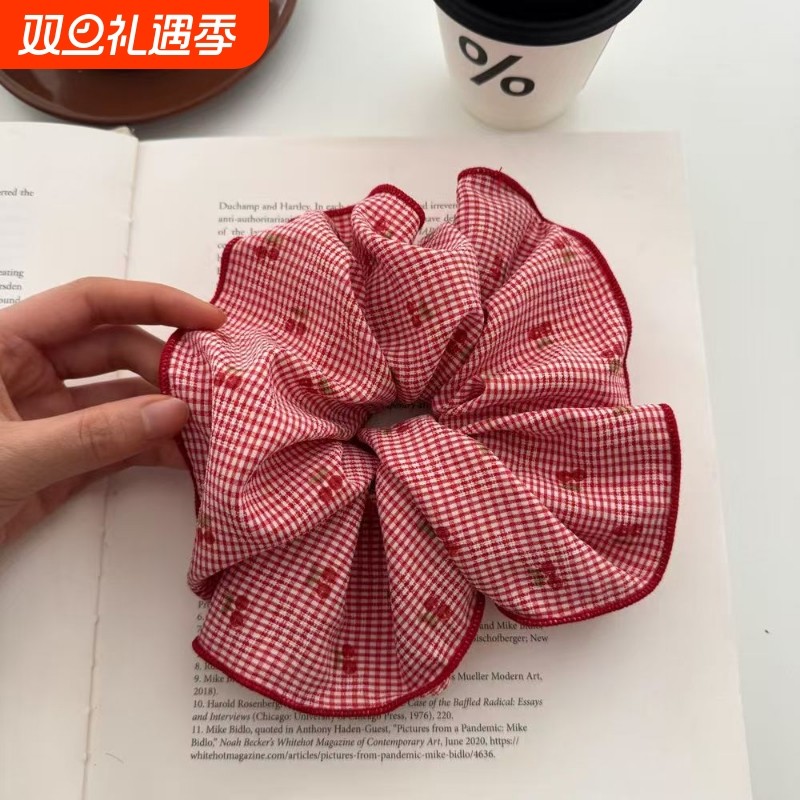 时尚韩版格子樱桃大肠圈ins风发带高马尾头绳女扎头发橡皮筋格纹