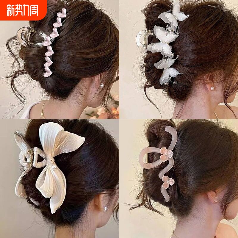 简约高级感褶皱蝴蝶结抓夹新优雅发夹女后脑勺鲨鱼夹粉色超大号
