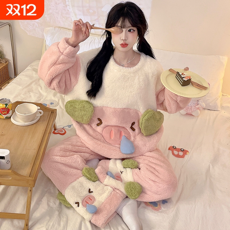 珊瑚绒睡衣女秋冬季圆领卡通小狗