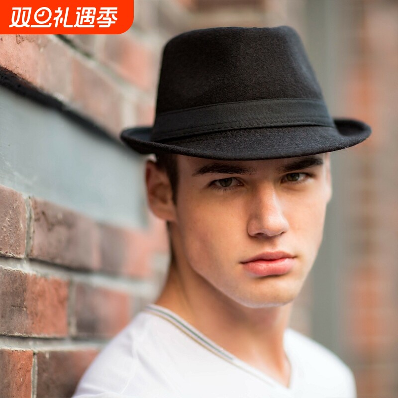 秋冬季爵士小礼帽男女毛呢帽英伦绅士帽子黑色西部牛仔帽平顶红色