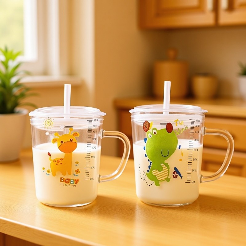 牛奶杯玻璃带盖吸管杯卡通带刻度家用带把水杯儿童喝奶早餐杯夏季