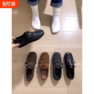 内增高复古方头乐福鞋小皮鞋女2025秋冬季新款英伦风加绒单鞋黑色