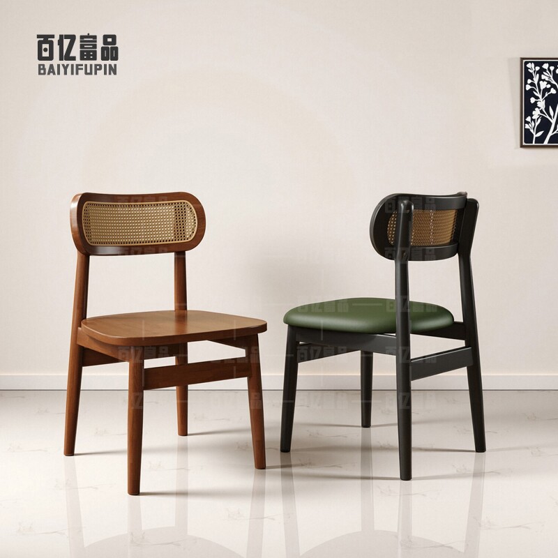 全实木家用餐桌椅法式复古靠背椅高级感中古休闲藤编椅子餐厅软包