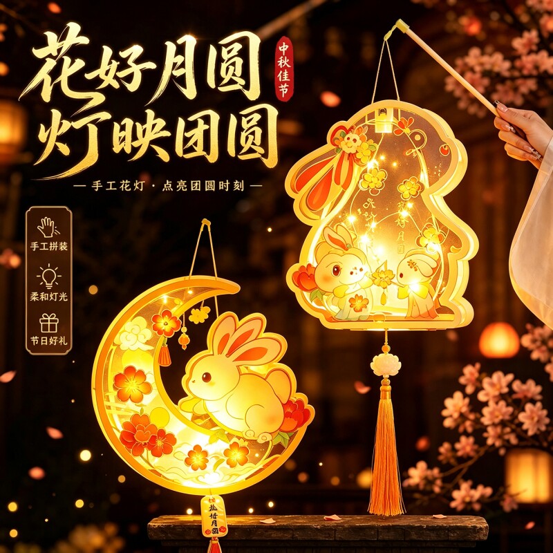 中秋节兔子灯笼2026新款发光手提花灯古风宫灯儿童手工diy材料包图片