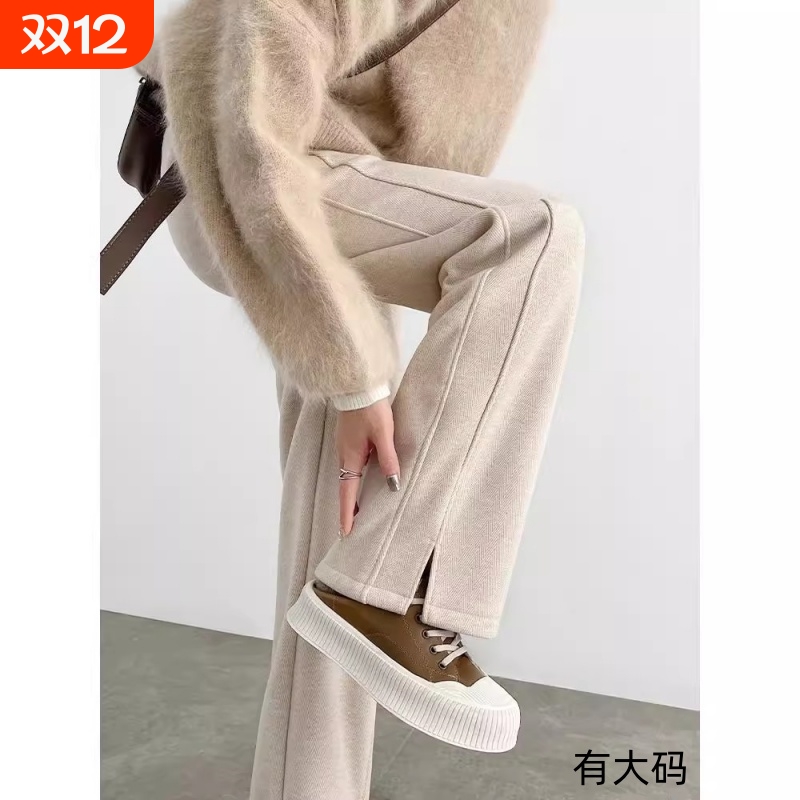 人字纹加绒阔腿裤女秋冬2025新款毛呢开叉裤子直筒窄版香蕉裤大码