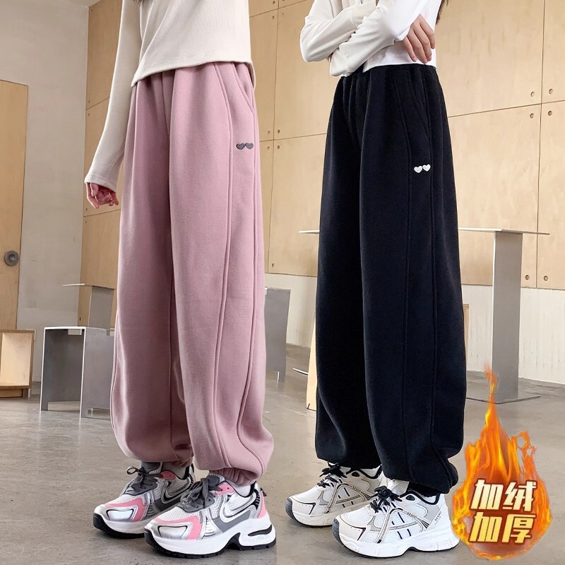 女童裤子加绒卫裤秋冬款2025新款儿童女孩一体黑色大童秋季运动裤