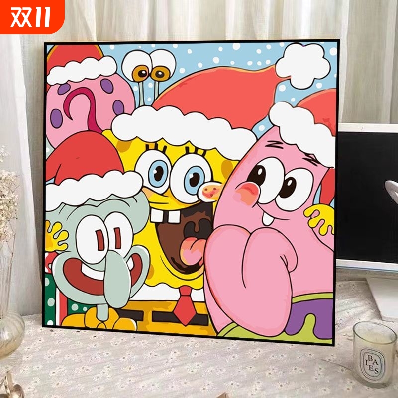 数字油画diy卡通儿童手绘四宫格填色治愈填色画卧室装饰画丙烯