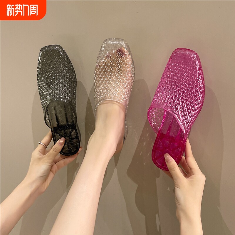 老式包头凉拖鞋女士夏季防滑水晶透明坡跟凉鞋增高时尚防臭百搭
