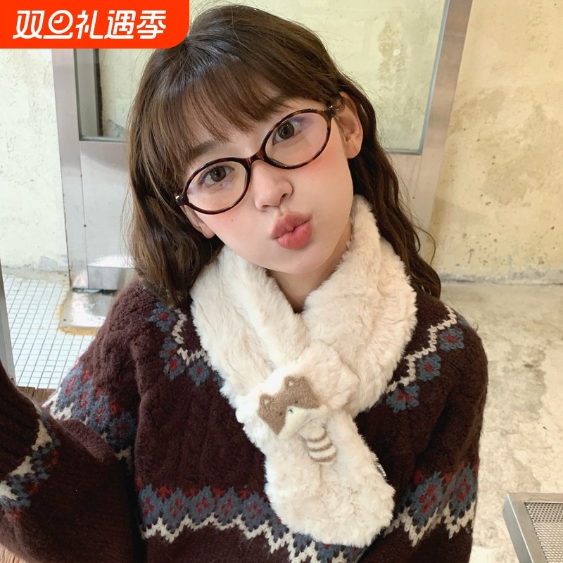围巾女秋冬季毛绒可爱小猫咪保暖学生短款交叉围脖白色粉色黑色