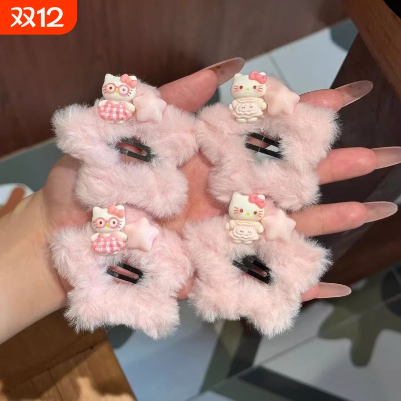 秋冬猫咪星星毛茸茸甜美粉色星星发夹少女毛绒星星刘海BB五角星