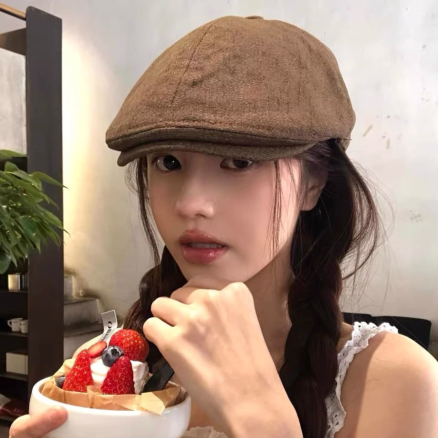 前进帽子贝雷帽美式2025新款复古女棉麻时尚春夏画家报童鸭舌帽男