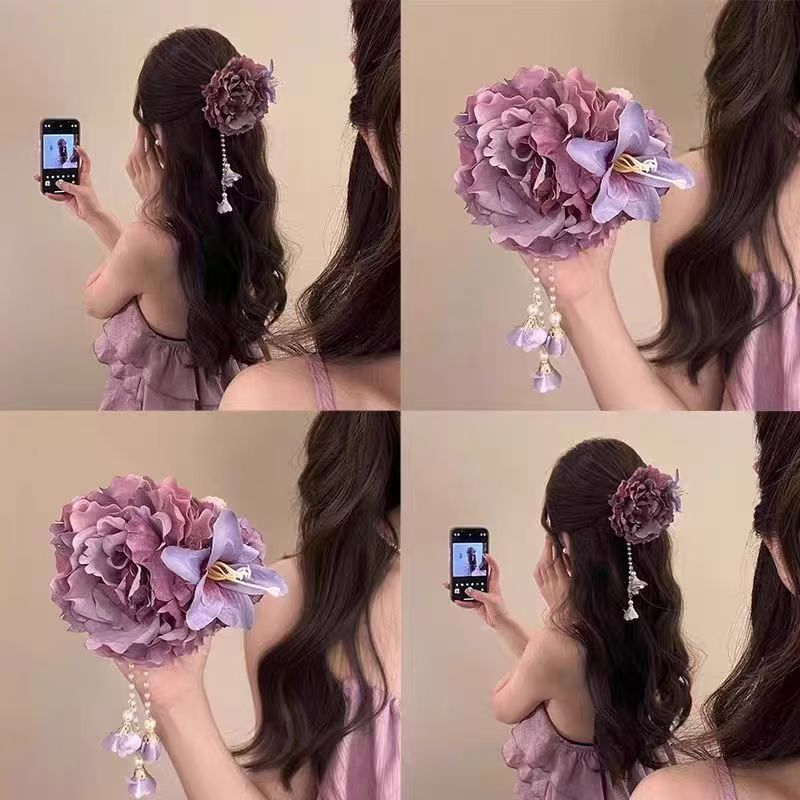 新中式紫色花朵流苏发夹女2025新款高端古风旗袍头花发卡边夹发饰