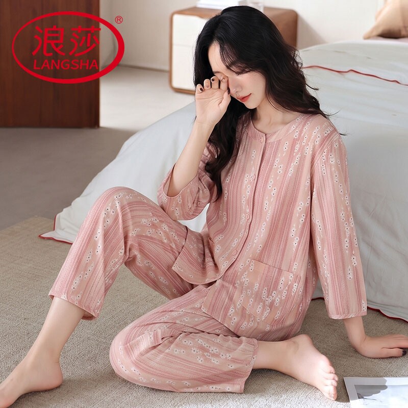浪莎纯棉睡衣女夏季可外穿两件套图片