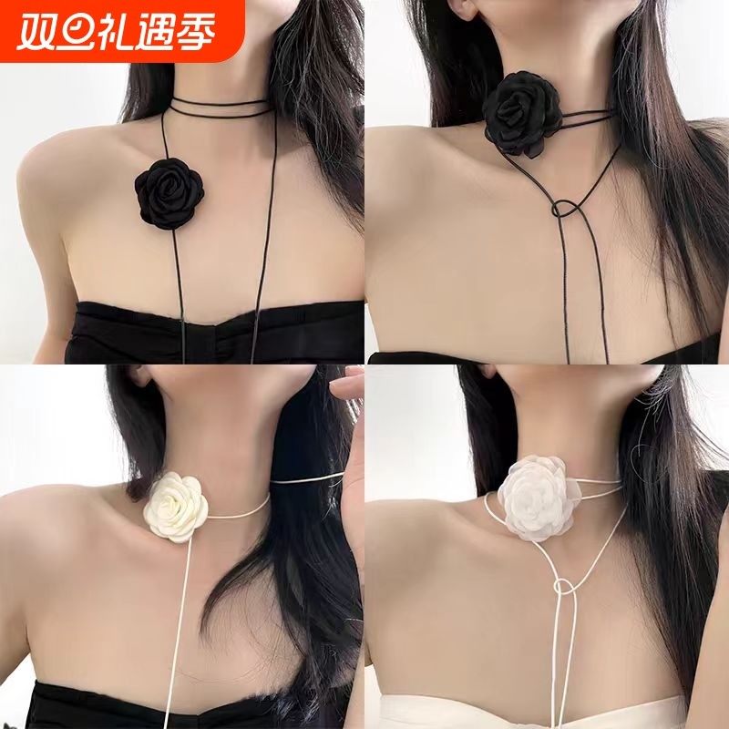 玫瑰花项链女生款choker颈花黑色花朵项圈颈带山茶花脖子配饰颈