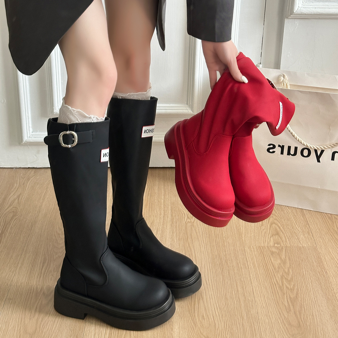 红色长筒靴女2025秋冬季新款防滑显瘦厚底长靴子小个子旅游骑士靴
