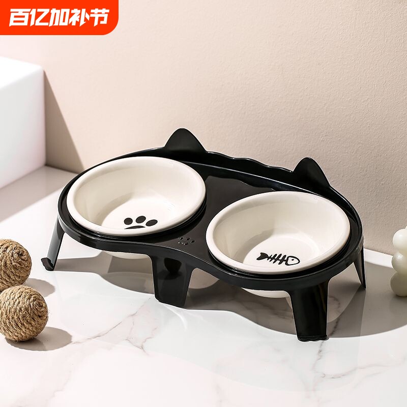 猫碗【护颈+防黑下巴】陶瓷双碗宠物碗可爱猫食盆猫咪吃饭喝水碗