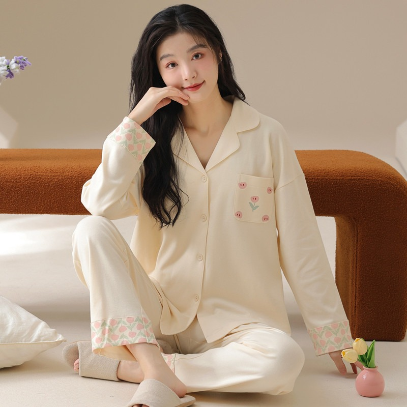 睡衣女款纯棉低腰开衫春秋季休闲外穿长袖韩版家居服女套装新款