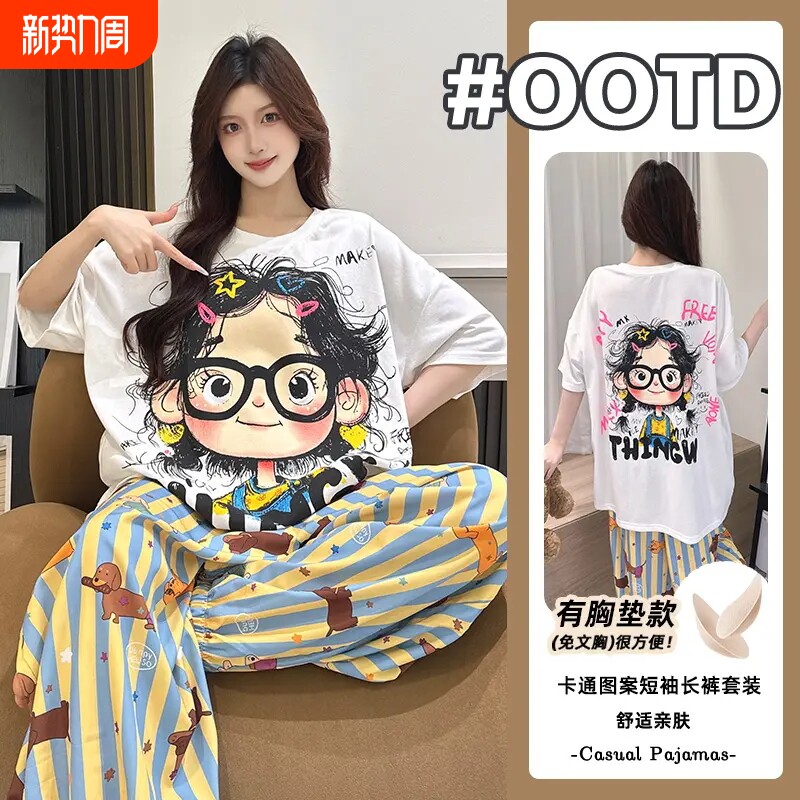 2026夏季棉质睡衣女带胸垫短袖长裤小卷毛女孩家居服两件套可外穿