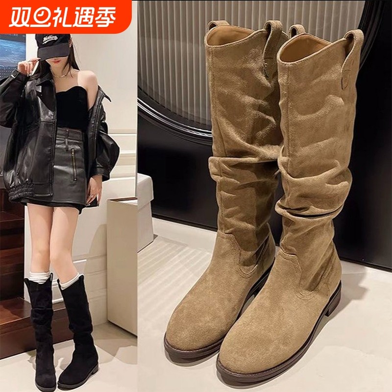 棕色长筒靴子女2025新款夏秋堆堆靴西部牛仔高筒靴长靴尖头中跟